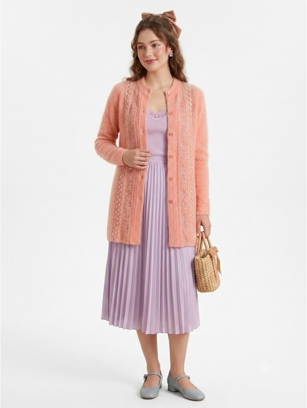 Vintage Mukat Pink Fuzzy Floral Embroidered Long Cardigan Sweater Duster Coat